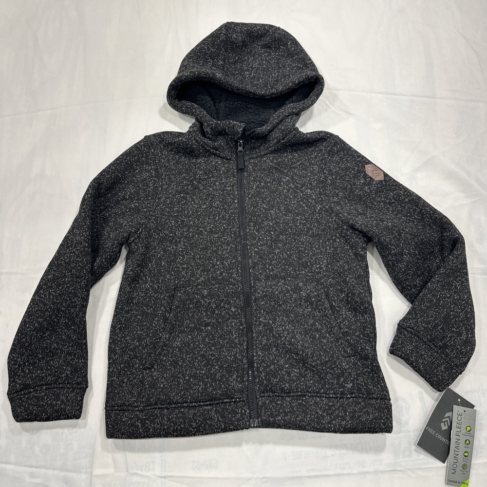 Free Country Boys Full zip Jacket Size M 10/12 Black Grey Hooded mountain fleece
